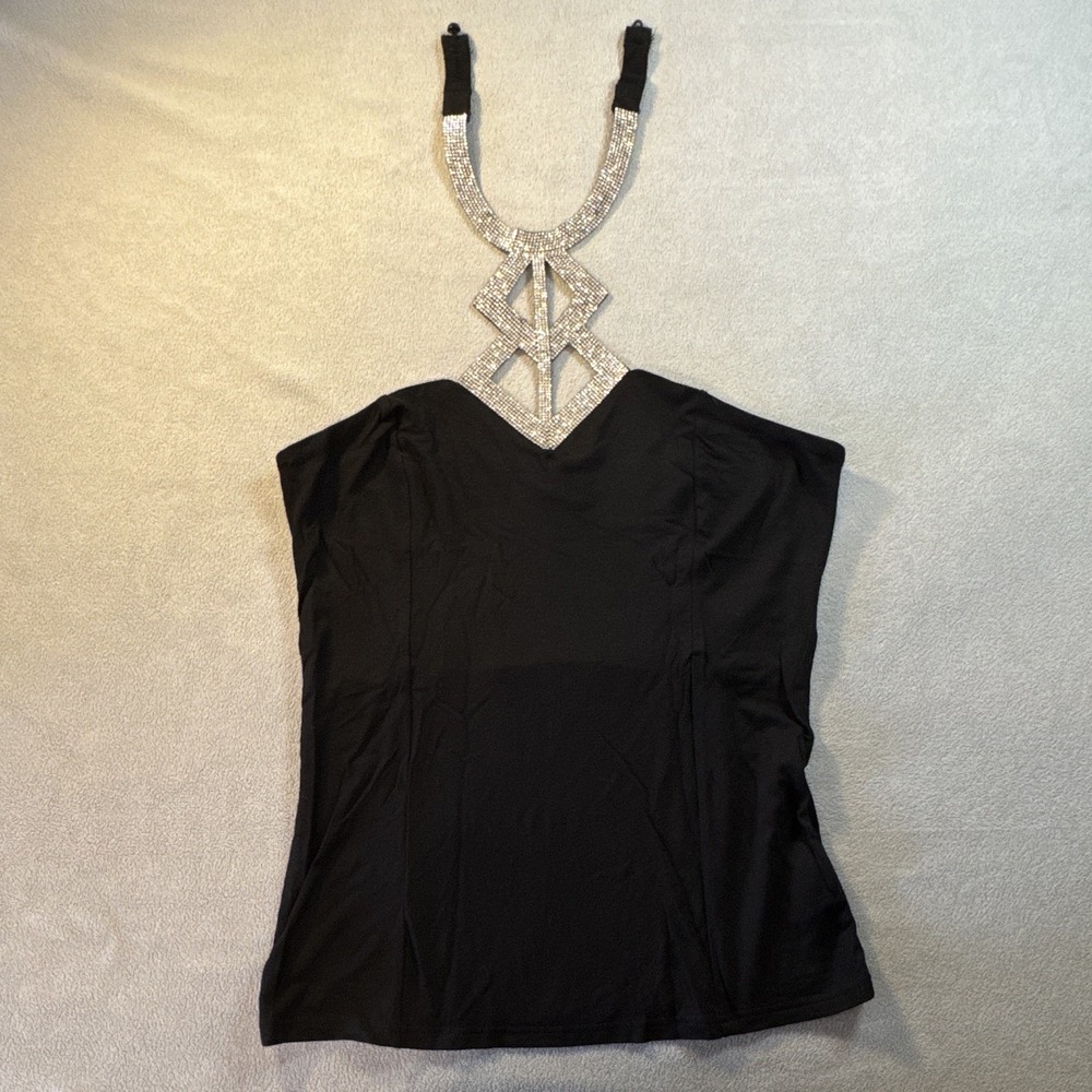 Venus Women's Black V-Neck Spaghetti Strap Tank Cami Rhinestone Accent M